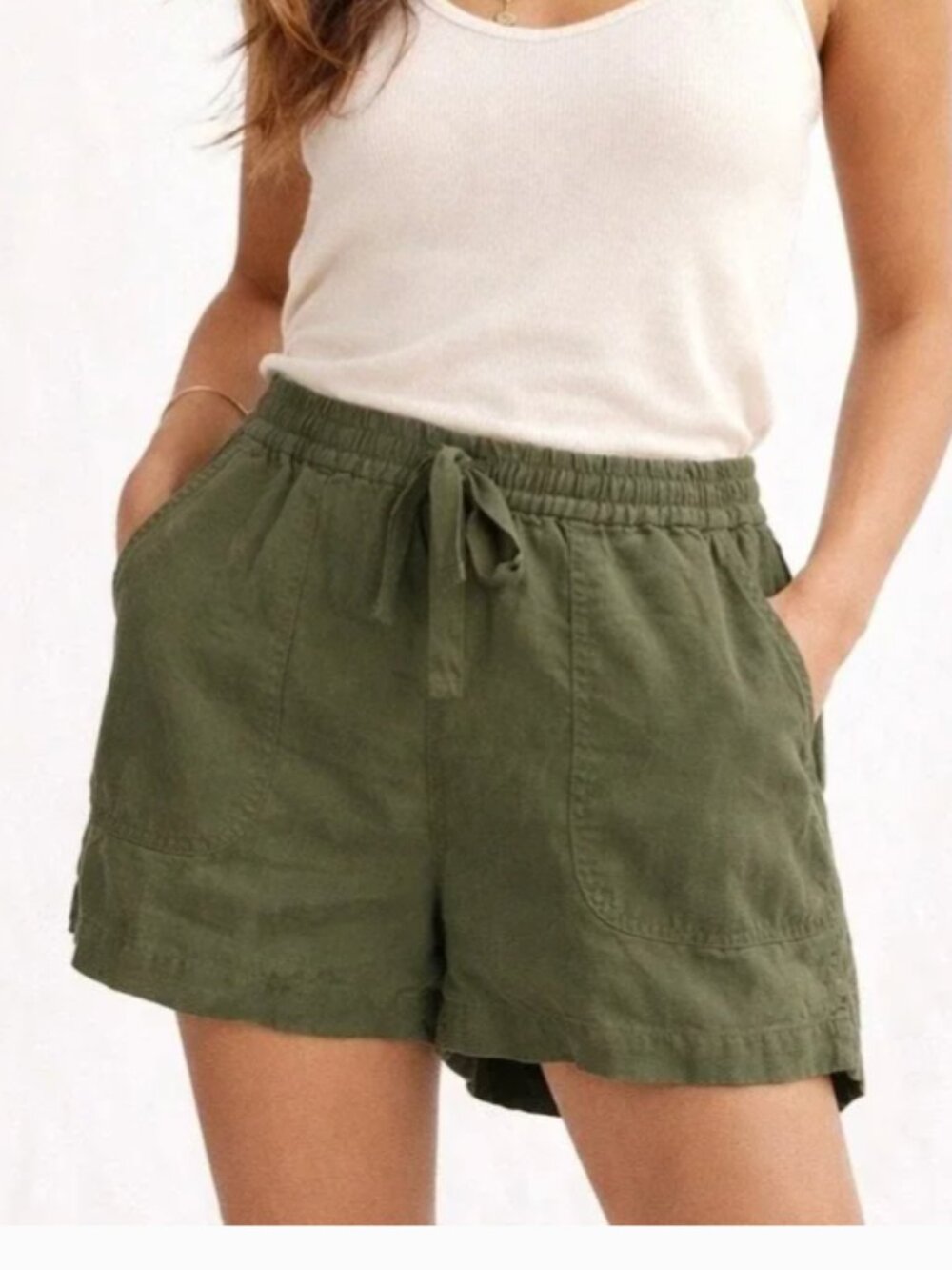 J.Crew Olive Green Linen Shorts Elastic Waist Tie Front Size S
